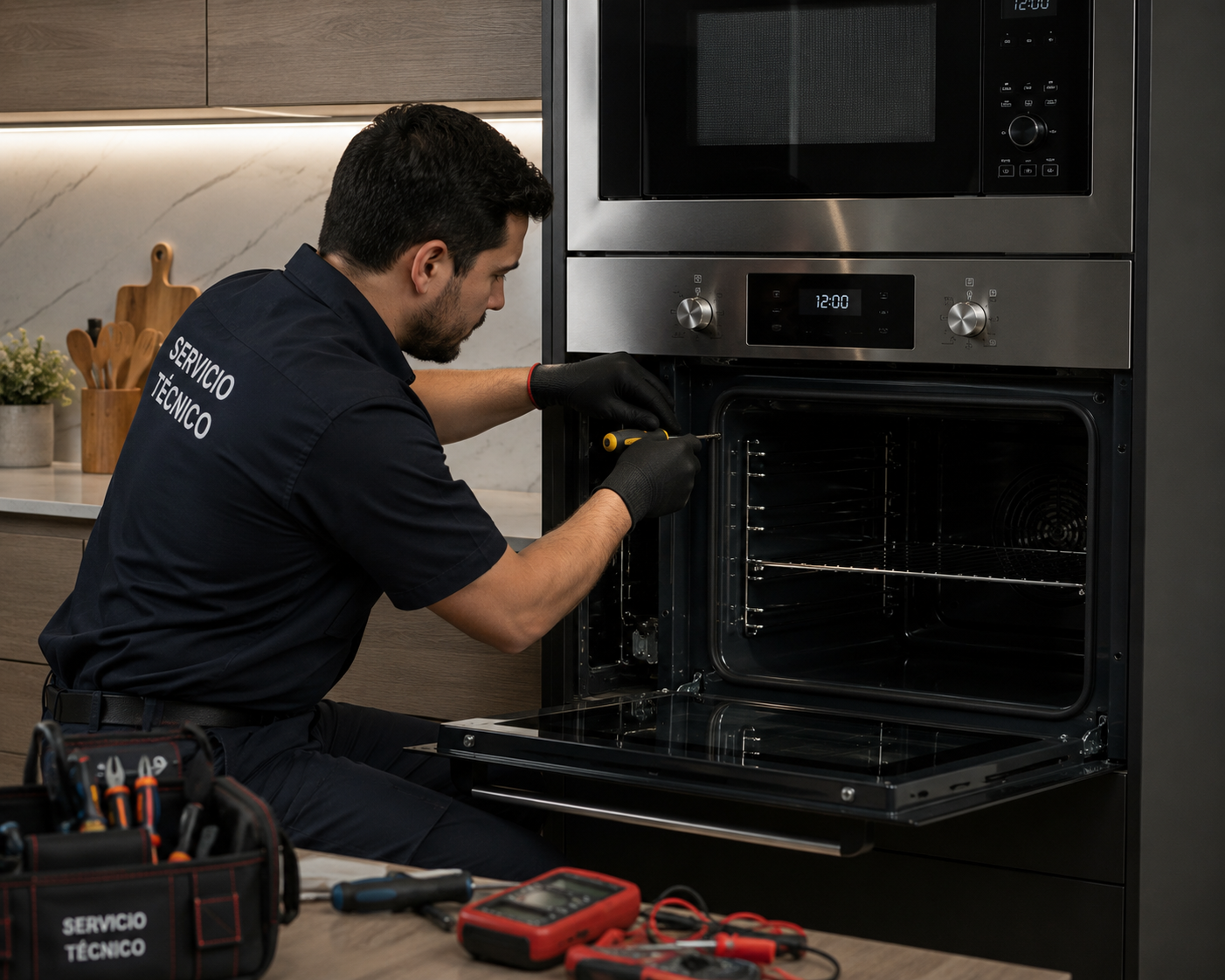 Técnico reparando horno empotrado