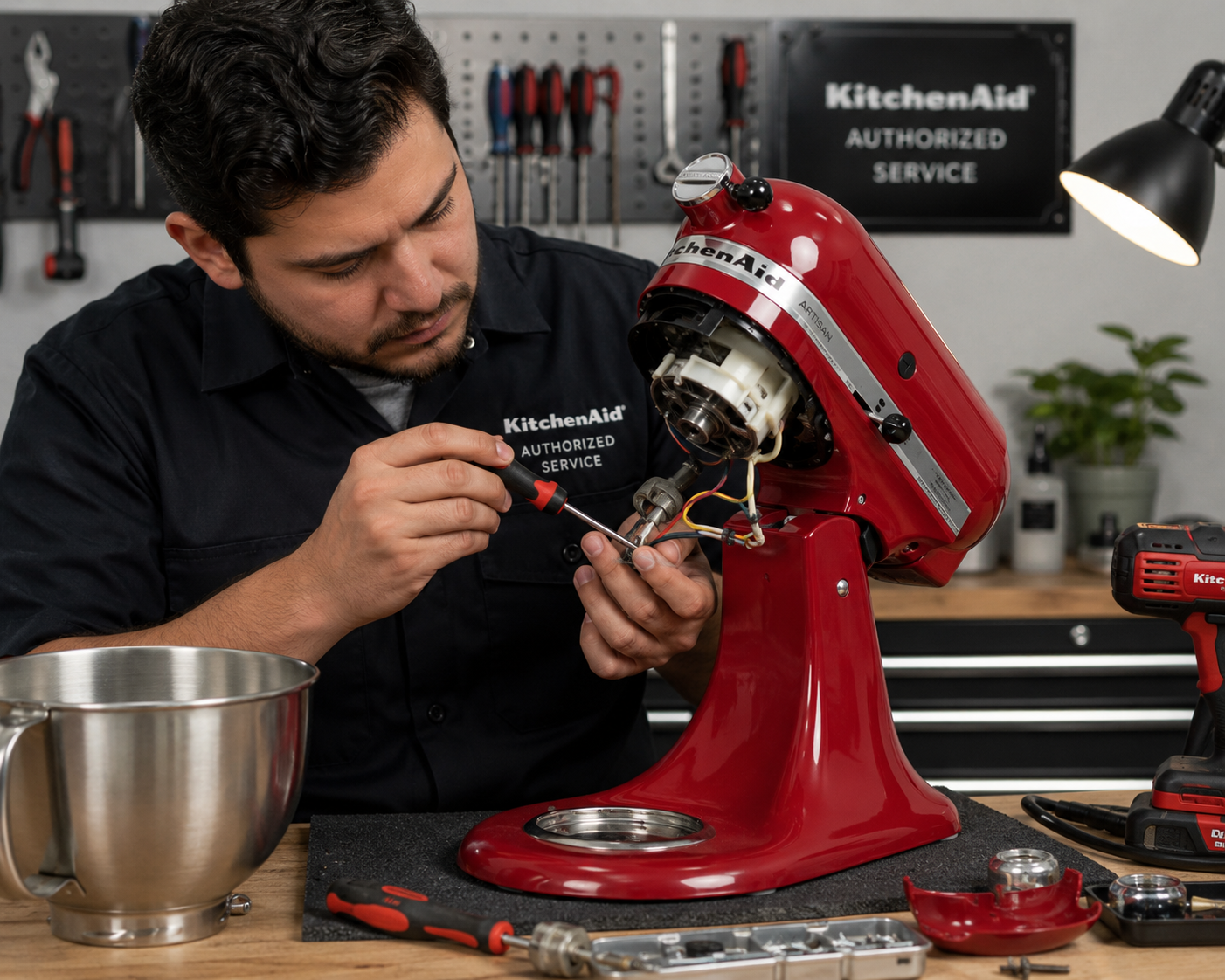 Técnico Kitchenaid autorizado reparando batidora Artisan